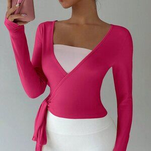 Hot Pink Casual Women's Yoga Long Sleeve Cropped Elastic Soft V-Neck T-Shirt